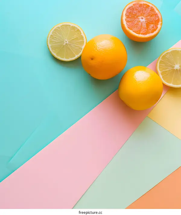 Orange and Lemon Slices on Pastel Colored Paper