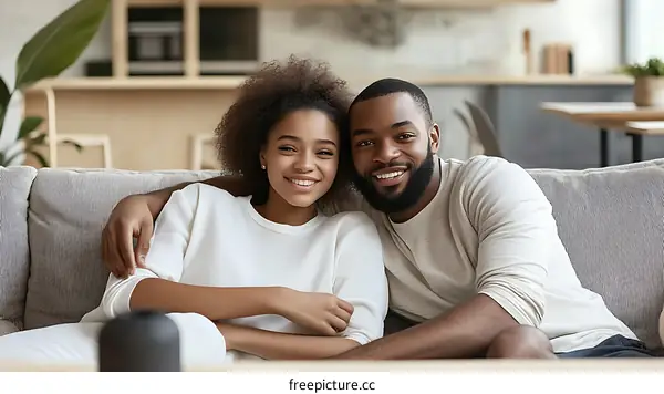 Happy Couple Relaxing on Sofa in Cozy Living Room