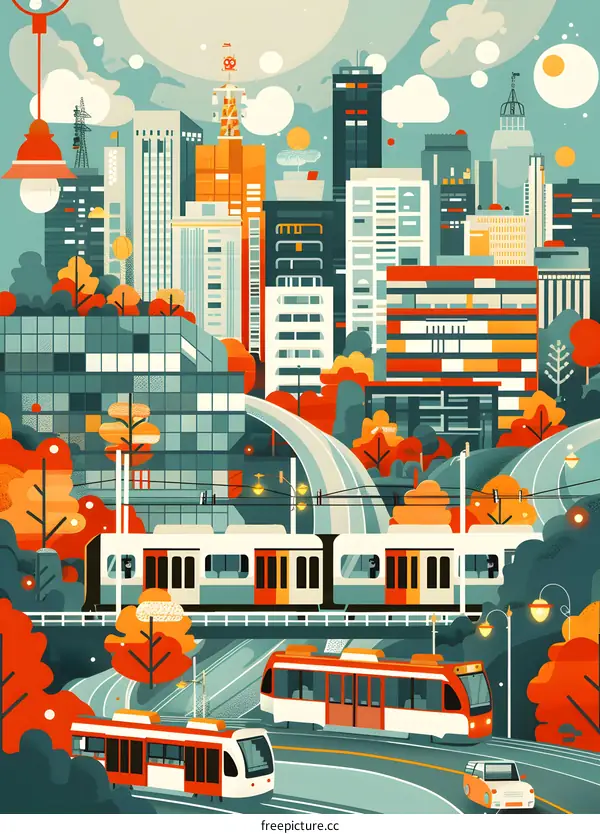 Modern Cityscape with Trains and Buildings