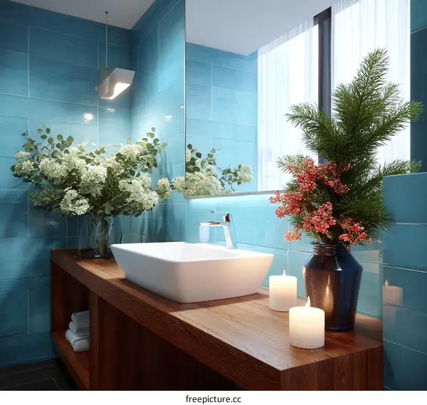 Modern Turquoise Bathroom Vanity with Wooden Countertop