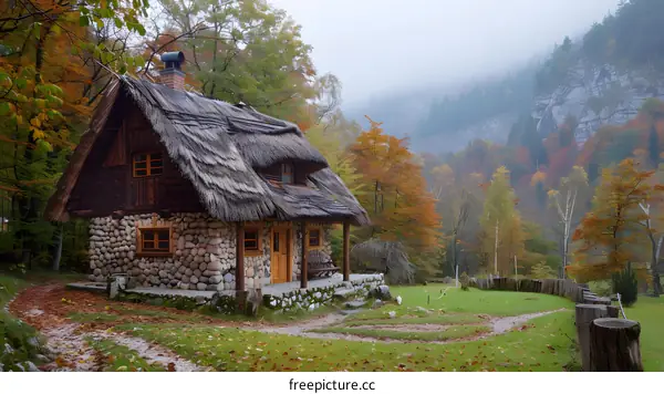 Thatched roof house in the woods