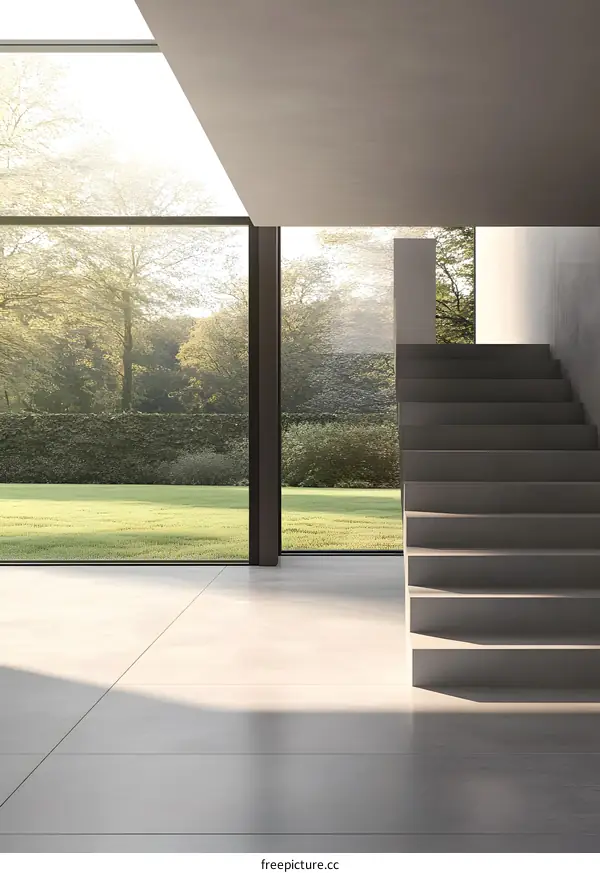 Modern Minimalist Interior Design with Concrete Staircase and Garden View