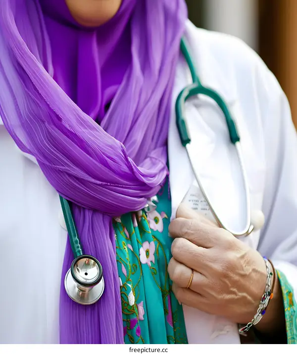 Close up of a Female Doctor Wearing a Purple Scarf and a Stethoscope