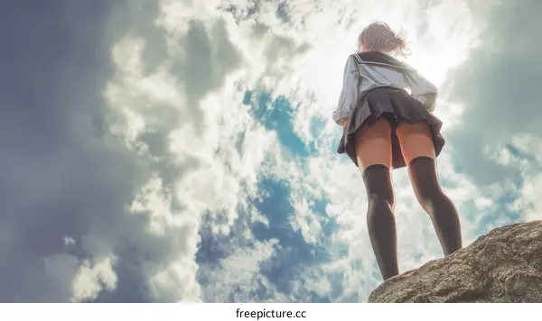 Looking Up to a Cloudy Sky Asian Girl