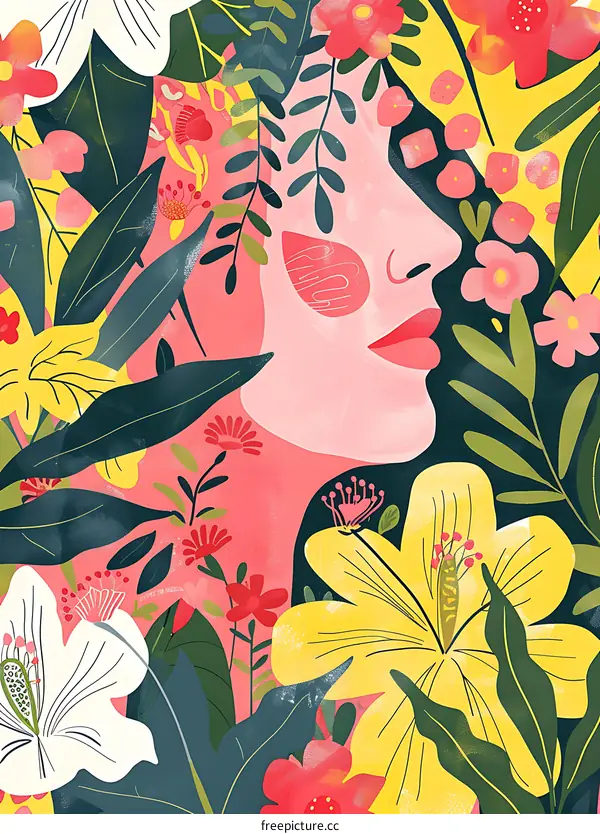 Woman Face In Tropical Flowers Illustration