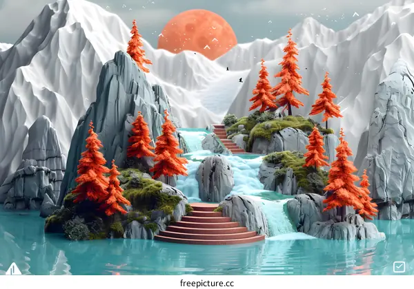 Surreal landscape with floating island and waterfall
