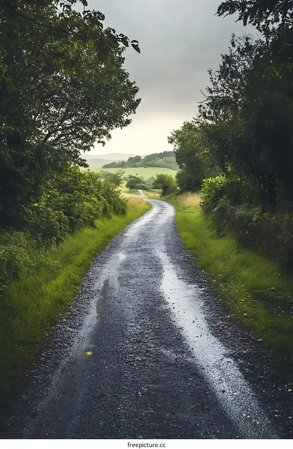 Country Road Through Green Fields and Trees
