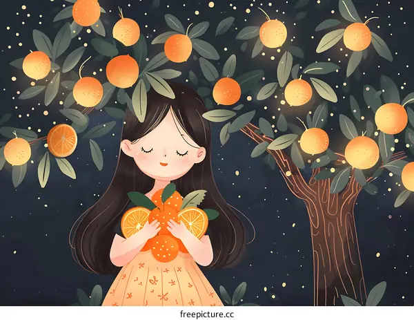 Girl Holding Oranges Under Orange Tree Illustration