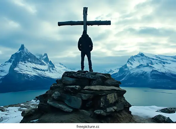 Man Standing on a Mountain Peak with Cross