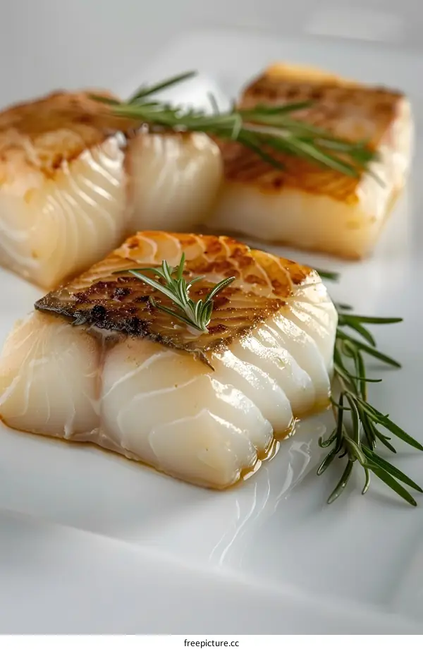 Three pieces of fish on a white plate
