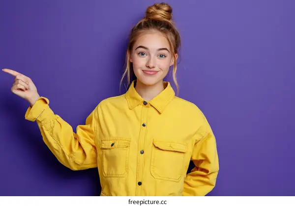 Smiling Woman in Yellow Jacket Points to the Side