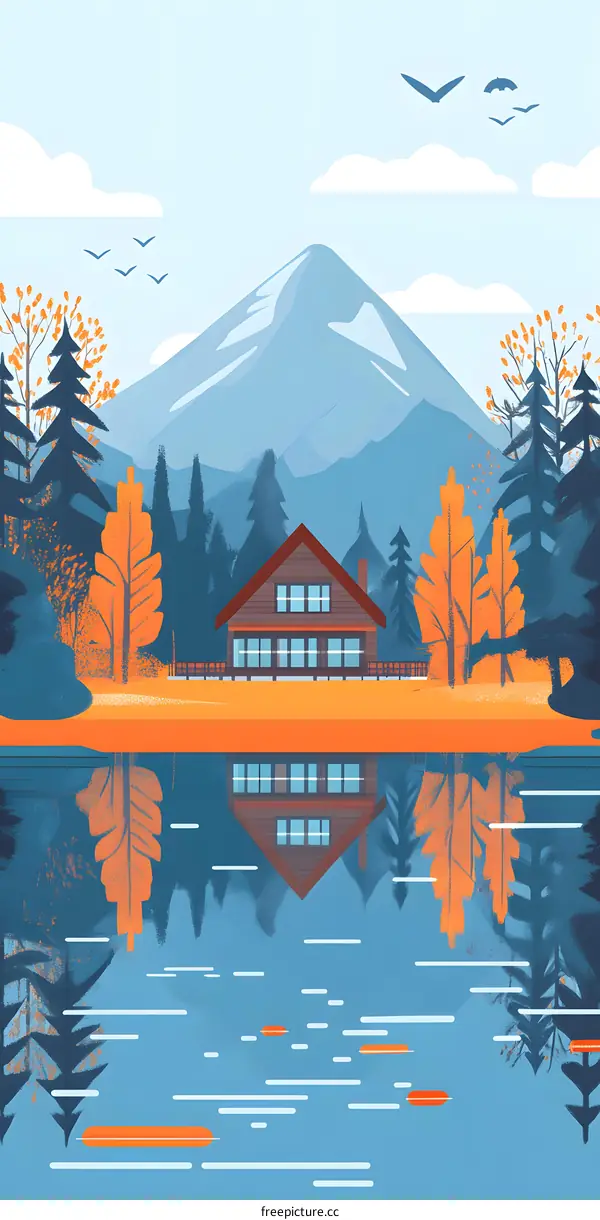 Autumn Mountain Cabin with Reflection in Lake
