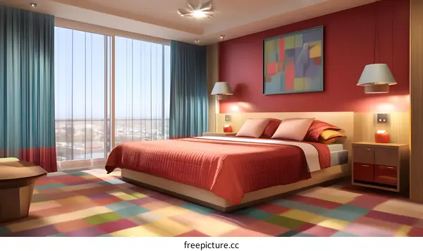 Modern Bedroom Interior Design with Red Walls and Colorful Carpet