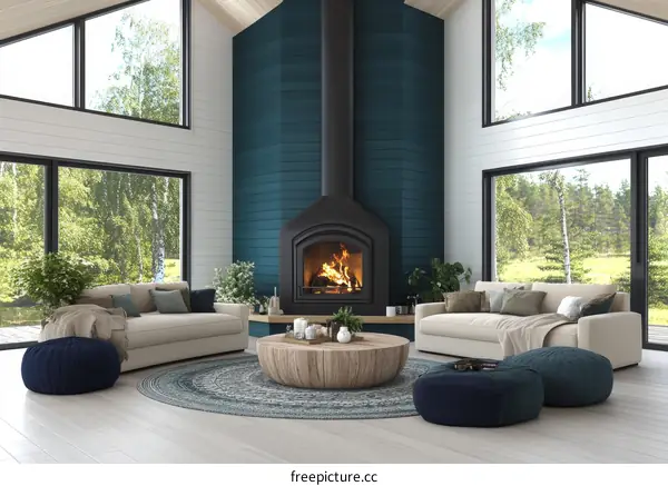 Modern Cozy Living Room with Fireplace and Panoramic Views