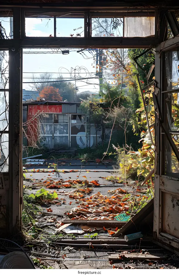 Abandoned Building with Broken Windows and Fallen Leaves