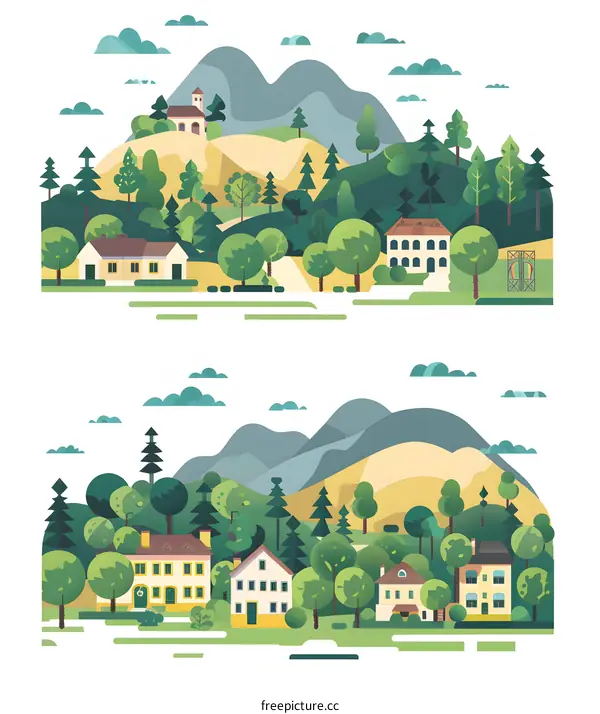 Beautiful Green Mountains with Houses and Trees