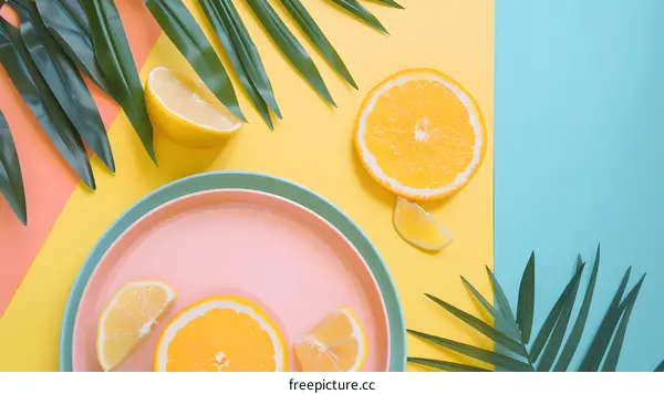 Summer Fruit  With Plates on a Yellow Background