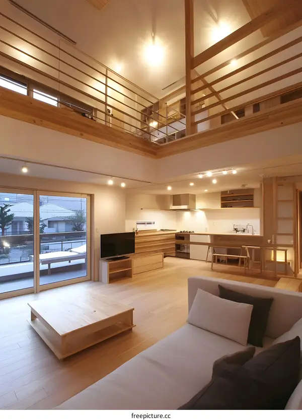 Modern Minimalist Living Room with High Ceilings and Wooden Features