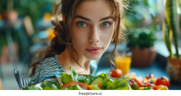 Portrait of a beautiful young woman with freckles on her face eating a healthy salad