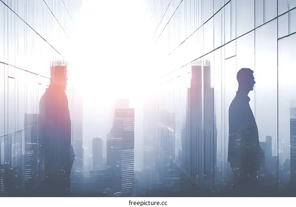 Two Businessmen Silhouette Cityscape View