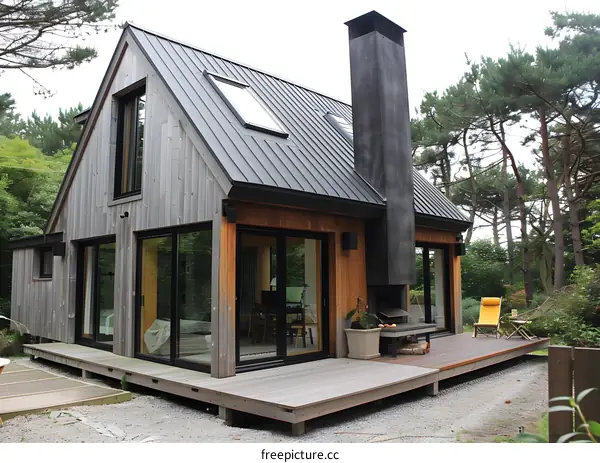 Modern Wooden Cabin with Large Windows and Deck in a Forest Setting