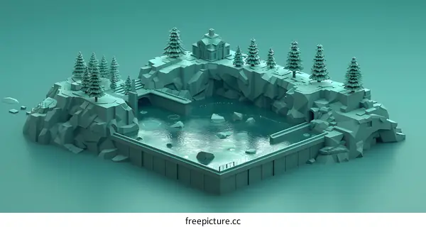 Isometric 3D illustration of a mountain lake with a house and trees