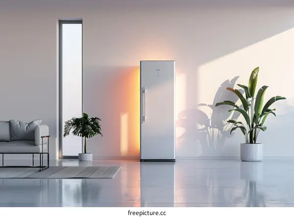 Modern Living Room Interior with a Large White Refrigerator
