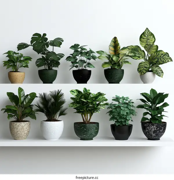 Indoor Plants Display on White Shelves