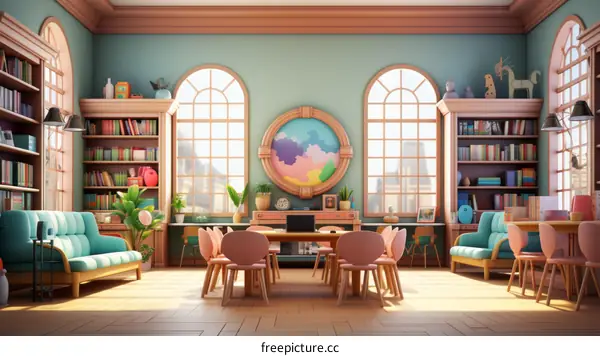 A classroom with a lot of books and a world map on the wall