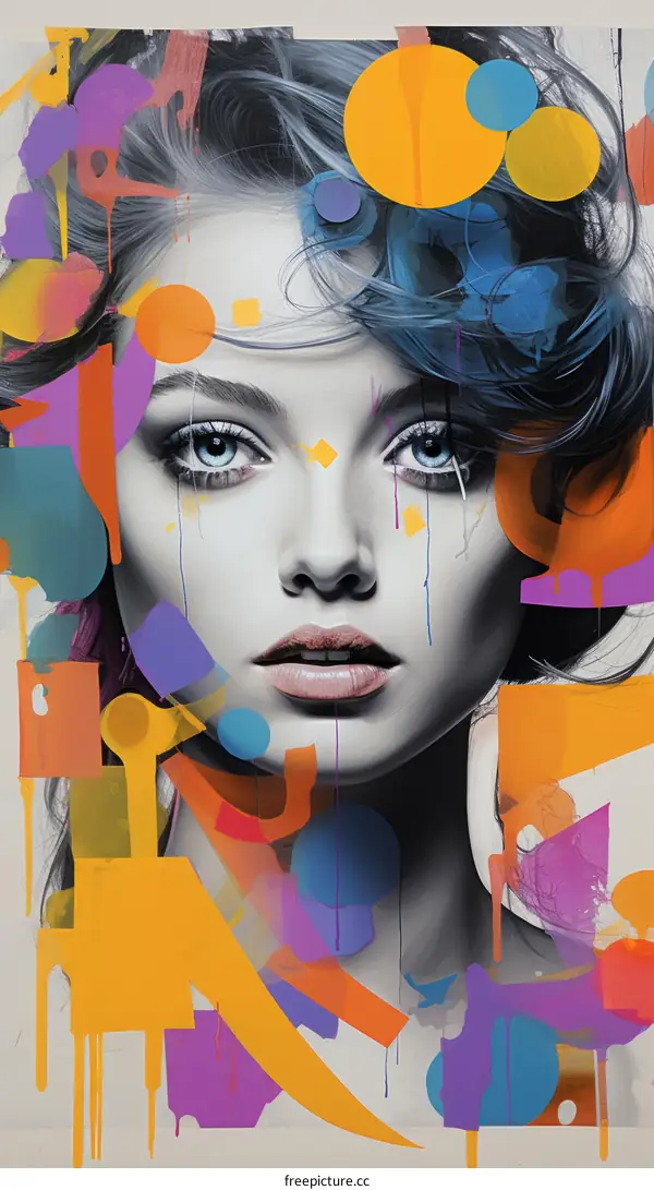 Colorful portrait of a woman with blue eyes and dark hair