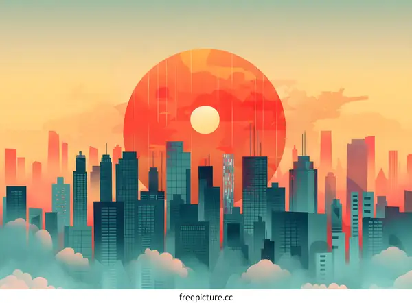 Cityscape illustration with a large sun in the background