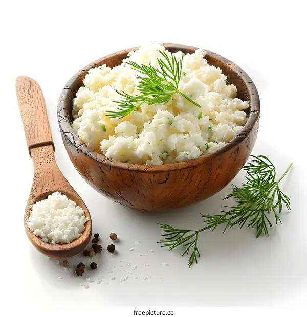 Fresh homemade cottage cheese in wooden bowl