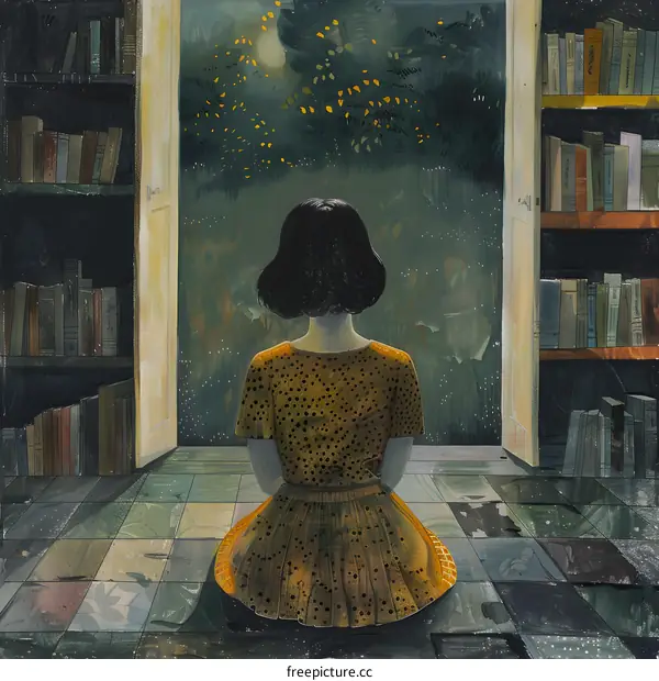Woman in Yellow Dress Sitting By Open Door Looking at the Moonlight