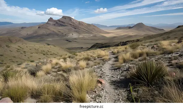 A dirt road winds through a valley in the desert with mountains in the distance