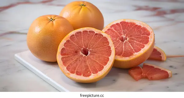 Fresh Grapefruit Slices On White Cutting Board