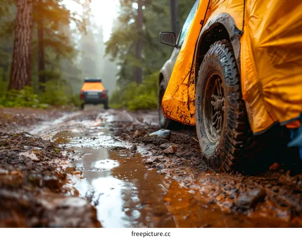 Off-roading through muddy forest road with 4x4 SUV