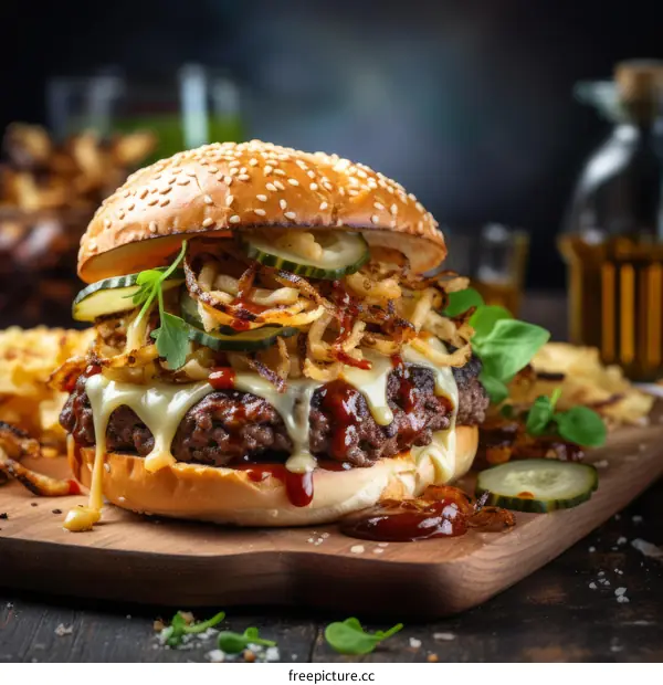 A cheeseburger with a side of fries and a pickle