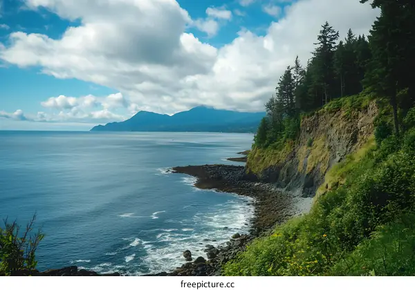 Rocky Coastline with Lush Green Forest and Blue Ocean