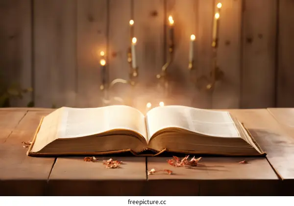 Open Bible with a warm candlelit background