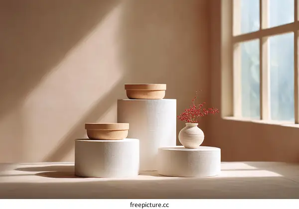 Beige Styled Display with Ceramic Bowls and Vase