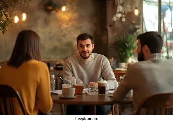 Three Friends Meeting in a Cafe