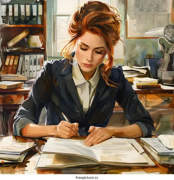 A woman in a suit is writing in a journal.