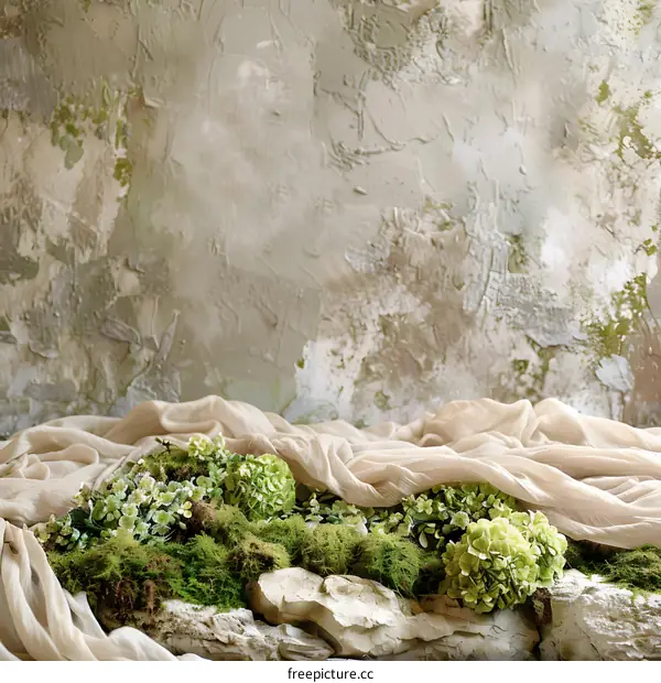 Green Moss and Flowers on a Stone Wall with Beige Fabric