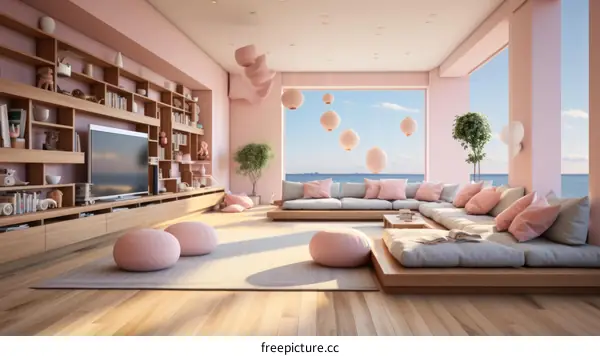 Dreamy pink living room with large windows and ocean view