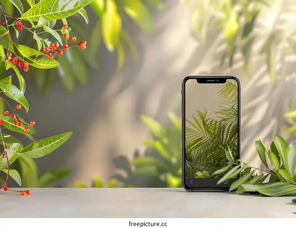 Black Smartphone on a Table with Green Leaves in the Background
