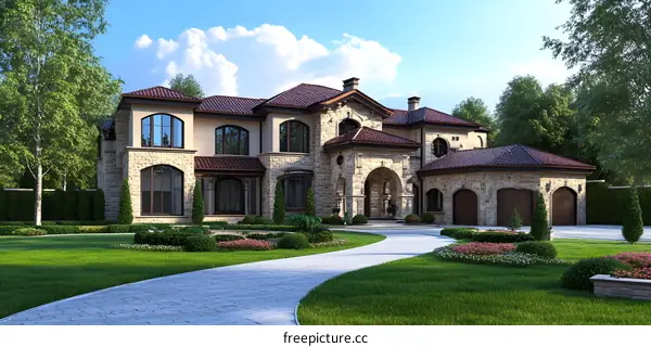 Luxury Stone Mansion with Lush Green Lawn and Winding Driveway
