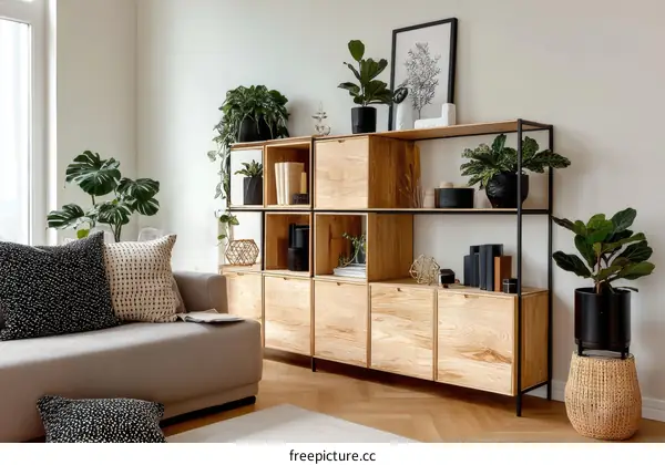 Modern Wooden Bookshelf with Plants in a Cozy Living Room