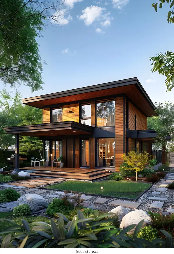 A modern wooden house with a beautiful garden