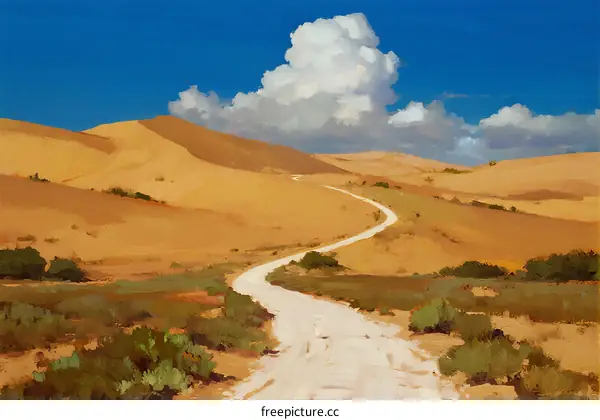 Winding Dirt Path Through Golden Sand Dunes Under Blue Sky