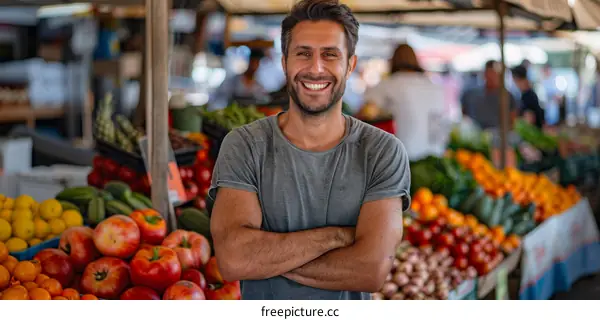 Portrait of a happy male greengrocer standing with arms crossed at a market